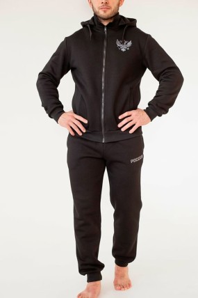 Мужской утепленный спортивный костюм с символикой России в черном цвете передняя сторона