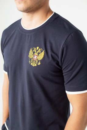 Мужская темно-синяя футболка с гербом России передняя сторона