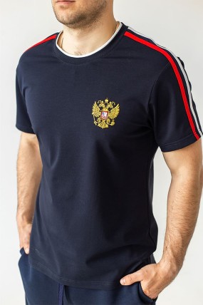 Темно-синяя футболка с гербом России передняя сторона
