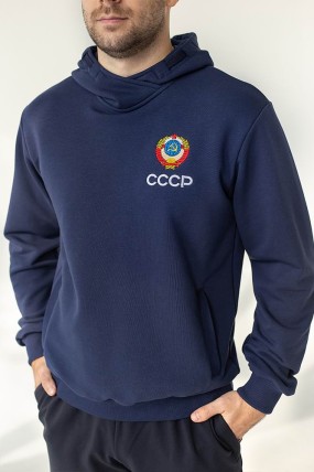 Синяя толстовка с символикой СССР с капюшоном передняя сторона